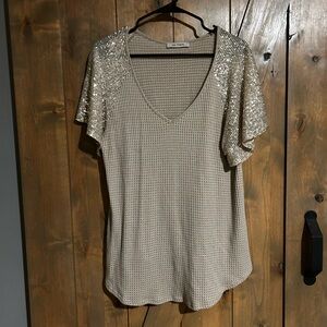 Waffle knit Top with Gold Sequin Sleeves